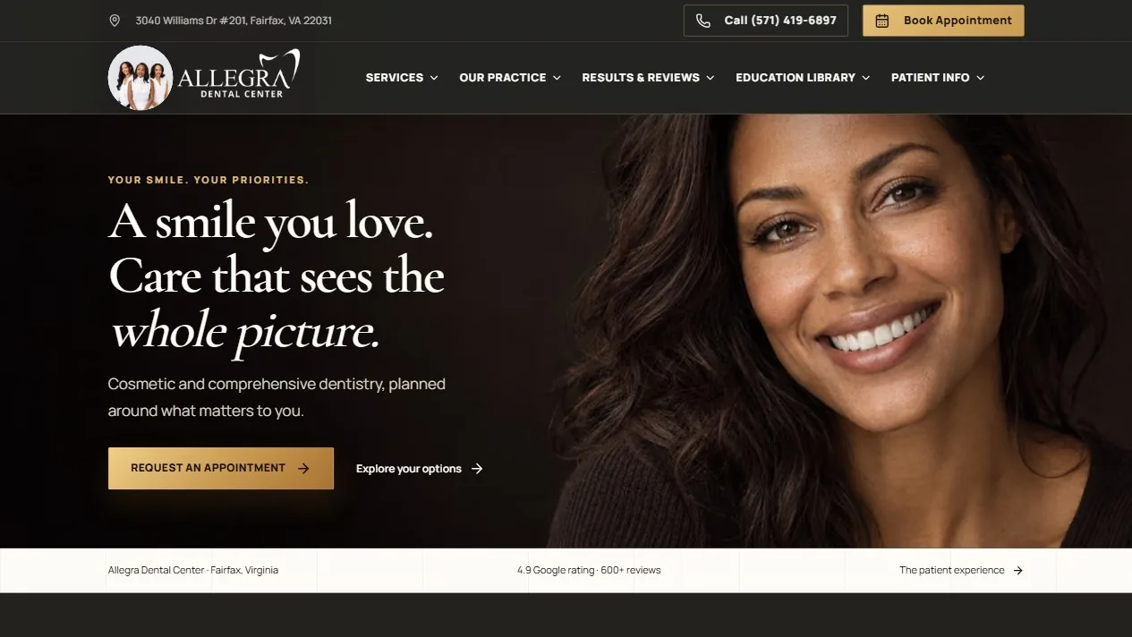 Current Allegra Dental Center homepage with a smile portrait and the headline A smile you love. Care that sees the whole picture.